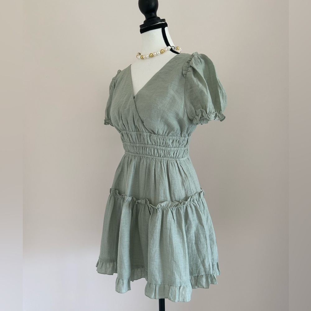 NEW Chic Sage Green Ruffle Mini Dress - Picture 6 of 10